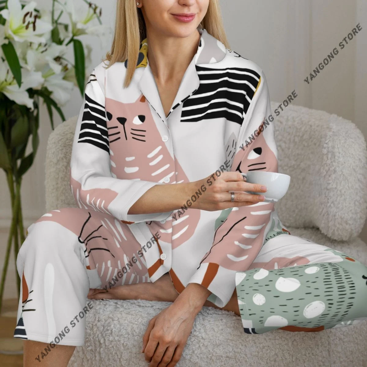 

Hand Drawn Cats Womens Pajamas Loungewear Two-piece Sleepwear Button-Down Full Sleeve Long Pajamas Set