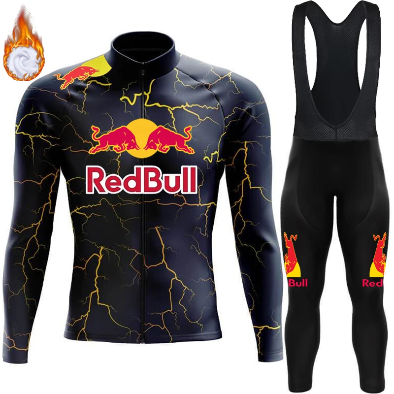 

Men's Cycling Pants Red Bull Fleece Jersey Man Set Winter Thermal Suit Clothes Retro Maillot Sportswear Uniform Outfit 2024 Bike