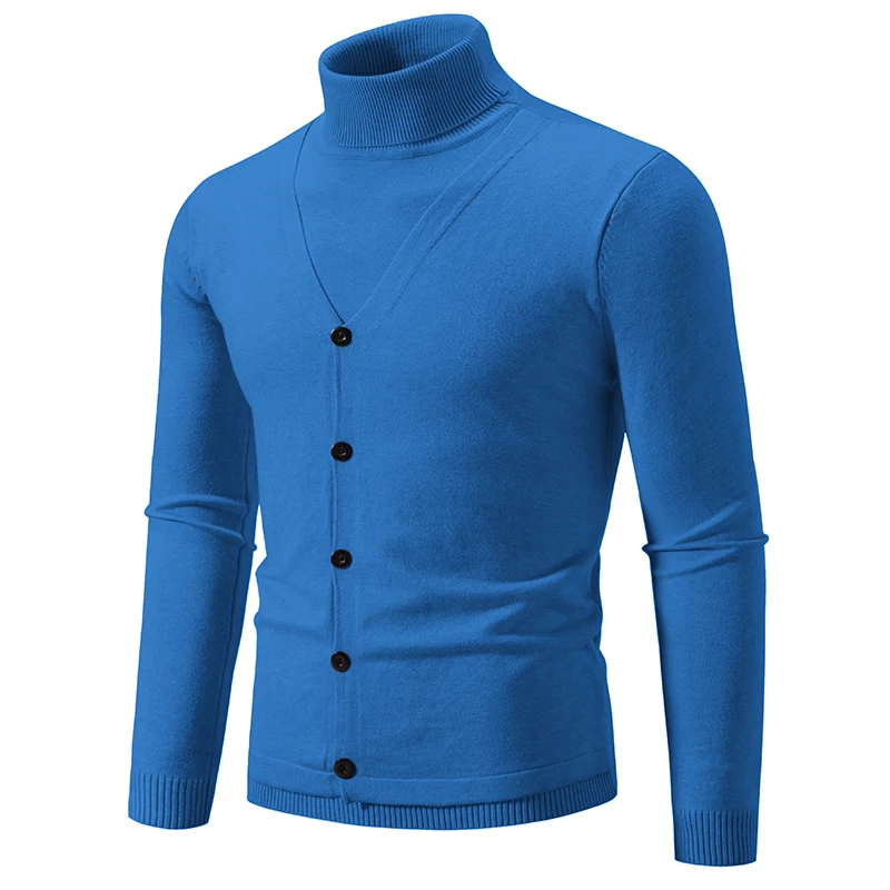 Winter Fashion Casual Men's Turtleneck Sweater Solid Color Fake Two Piece Warm Knit Slim Fit Sweater