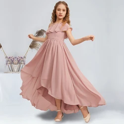 Elegante A-Linie, asymmetrische Chiffon-Kleider für junge Brautjungfern, staubige Rose, bezaubernde Blumenmädchenkleider, Party, Hochzeit, Kindertanz