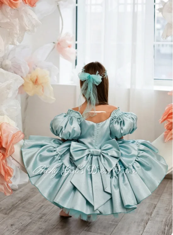 Bow Knee-Length Puff Sleeves Blue Flower Girl Dress For Birthday Party Formal Receptions Wedding Ceremonies Dance Performances
