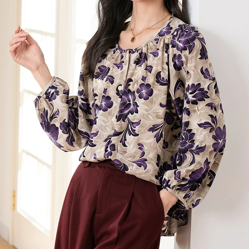 

Korean Fashion O-Neck Long Sleeve Shirts Women Single-Breasted Buttons Loose Casual Floral Printed Tops Shirts