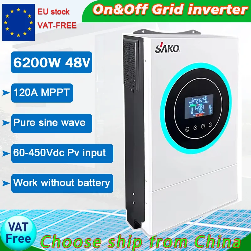 Inverter solare ibrido Sako ​ 6,2KW 48V integrato ​ MPPT da 120 A, ​ Tensione di ingresso fotovoltaico 60 V-450 V, ​ Potenza fotovoltaica massima da 6000 W, sulla rete, funziona senza batteria