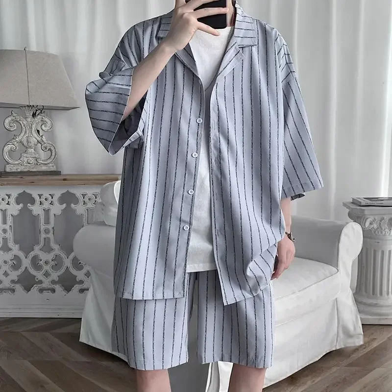 

Oversized Shirts Shorts Suits for Men Nylon Stripes Aesthetic Novelty in Cool New Tops & Tees Matching Essential Chic Man Sets