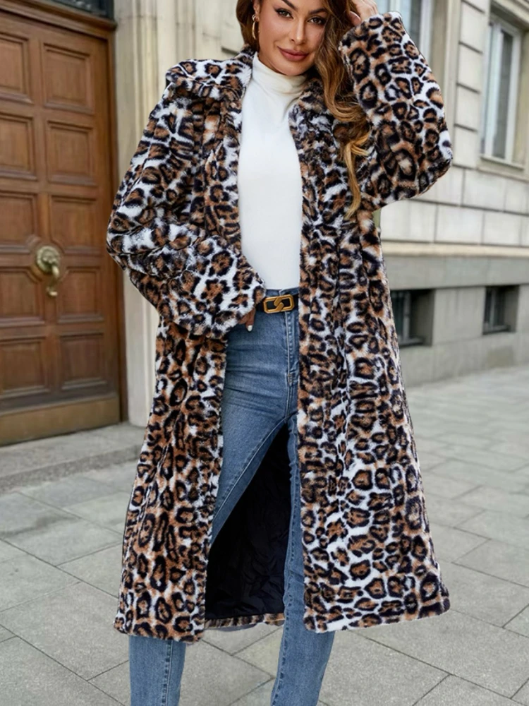 Women Winter Long Lapel Faux Fur Jackets Snake Pattern Brown Furry Jacket Fluffy Warm Thick Luxury Plush Coat Faux Mink 2025 New