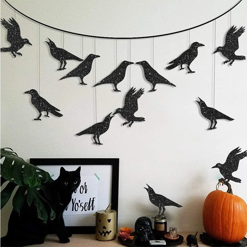 32Pcs Glitter Black Crow Raven Banner Halloween Hanging Paper Bird Bunting Flags Garland Kids Happy Halloween Party Decorations