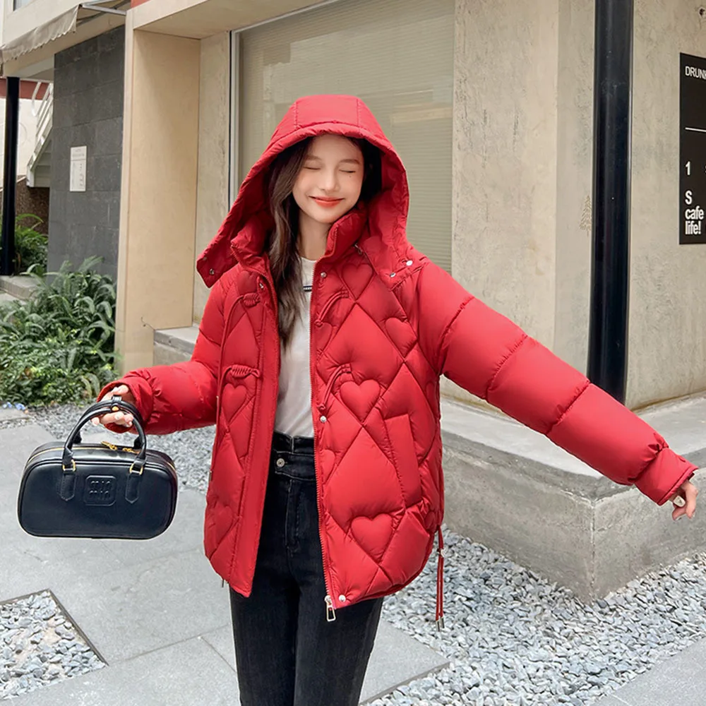 2024 Winter New Fashion Down Short Jacket Women Thick Warm Loose Cocoon Type Hooded Puffer Coat Female Pink Cotton Outerwears