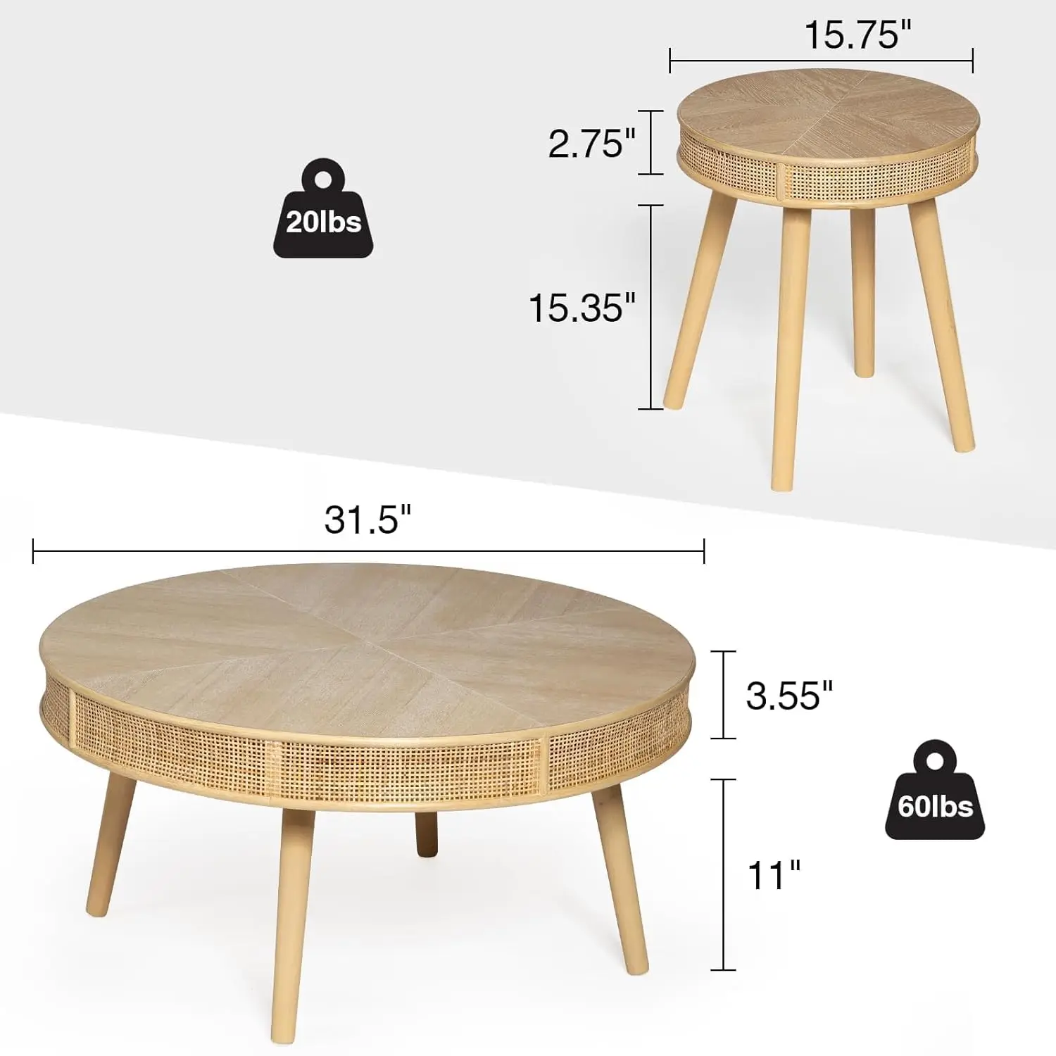 Farmhouse Round Coffee Table Rustic Side Tea Set Natural 2 Pack Nesting Unit Handmade Rattan Living Room Decor, Customized