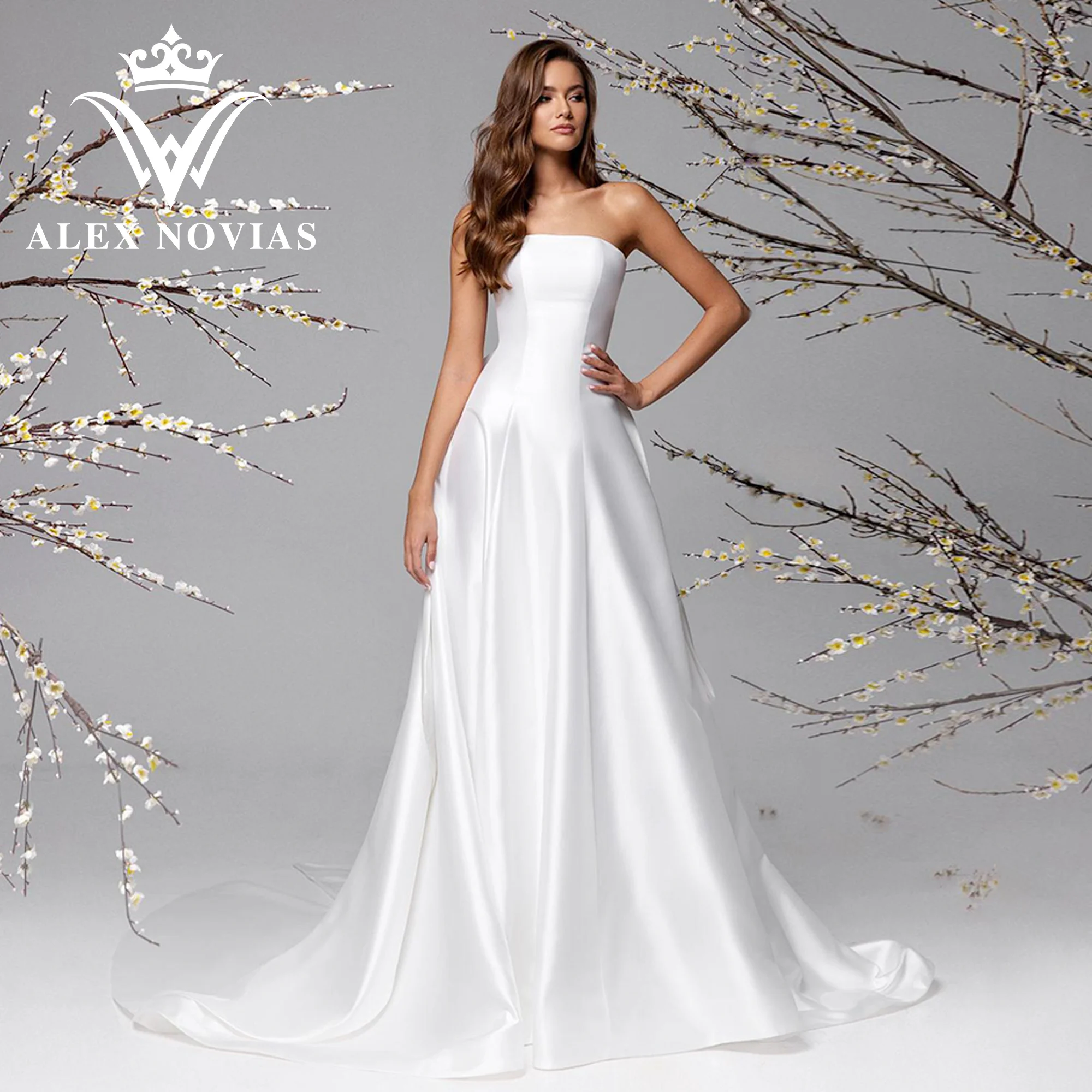 

ALEX NOVIAS A-Line Sleeveless Wedding Dress New Design 2023 High-end Strapless Bow Zipper Satin Wedding Gown Vestidos De Novia