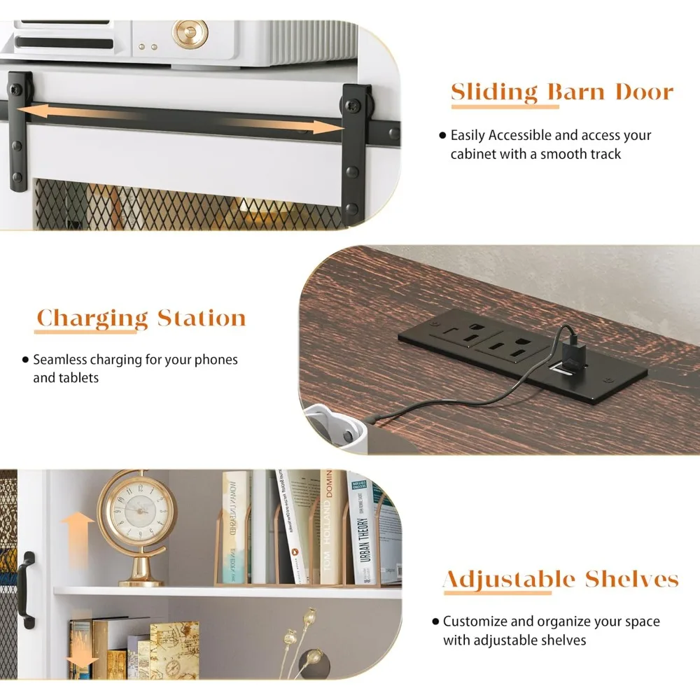 슬라이딩 헛간 문이 있는 65인치 이상 높이의 TV 스탠드, 엔터테인먼트 센터, 전원 콘센트 포함