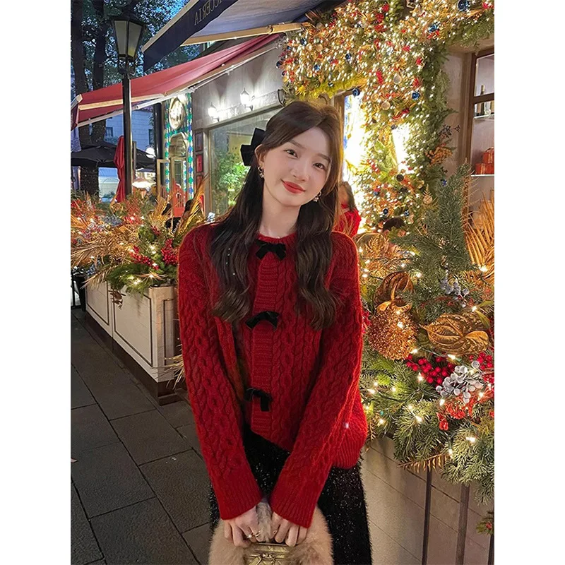 

Red French Bowknot Sweater Women's Autumn Winter Vintage Warm Knitted Coat Korean Sweet Round Neck Loose Single Breasted Top