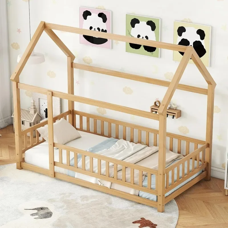 Twin size huisframe houten Montessori-vloerbed met hek voor kinderen, 70,5 cm L x 44,8 cm B x 66,2 cm H, natuurlijk