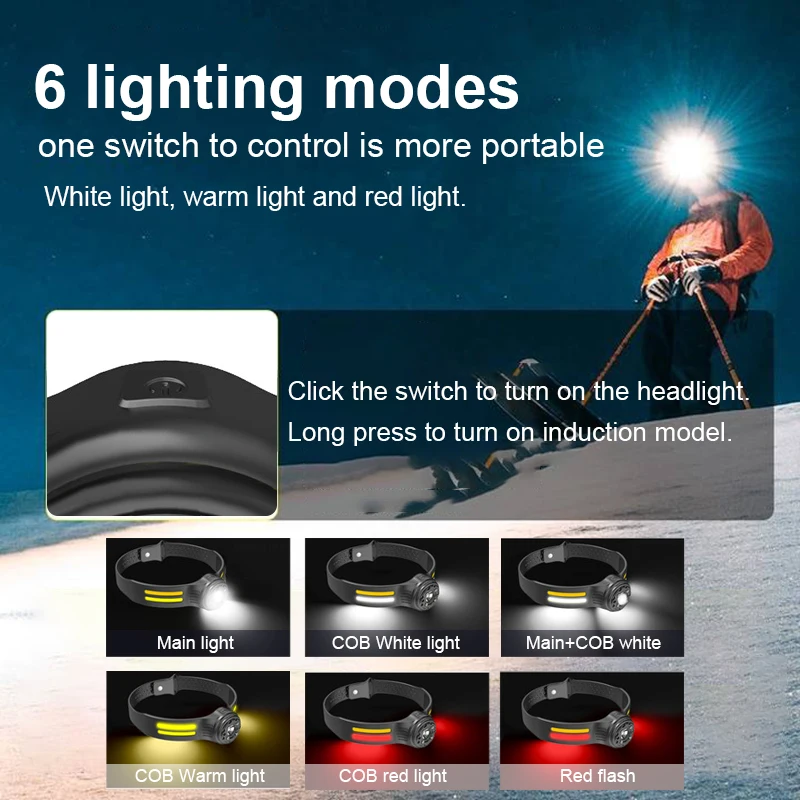 8000LM Induction Headlamp COB LED Sensor Head Lamp Built-in Battery Flashlight USB Rechargeable Head Torch 6 Modes Headlight