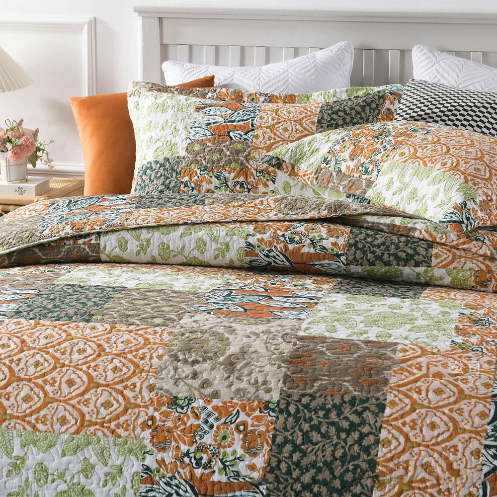 Imitation Patchwork Printed Quilt Set 3PCS Queen Size Washed Cotton Bedspread All Season Lightweight Coverlet Comforter Blanket