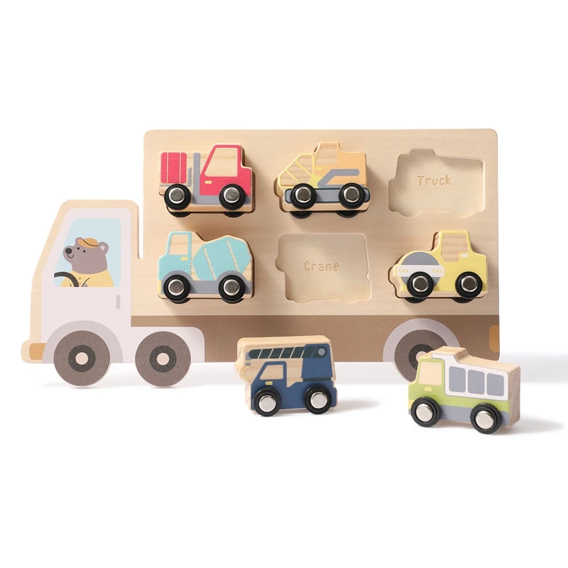 0-3 Jahre Auto-Spielzeug Holz-Baufahrzeug-Set Montessori Formen-Zuordnungspuzzle mit 6 Stück Baufahrzeuge Lernspielzeug – Detail 4