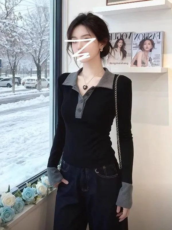 Color Block  Neck Long Sleeve Slim Fit Women's T-shirt Waist Cinching Shoulder Width Regular Cotton Breathable Casual Top