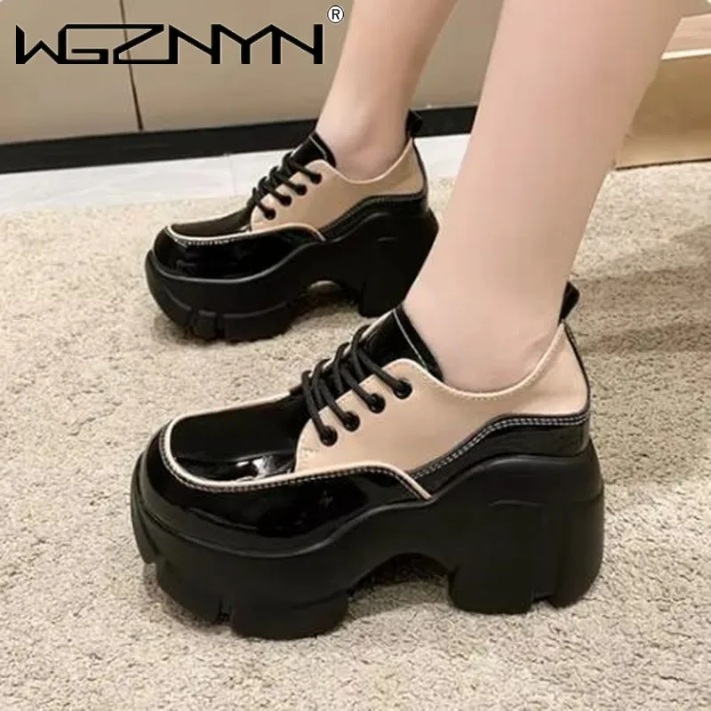 Nuova pelle verniciata 7cm Platform Wedge scarpe da donna tacchi alti Sneakers estate autunno mocassini Designer colore misto Lace Up Boot