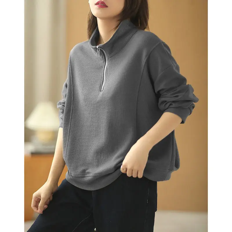 Waffle Zipper Sweater for Women in Spring and Autumn New Korean Version Loose Style Stand Collar Top Long Sleeve Cotton Material