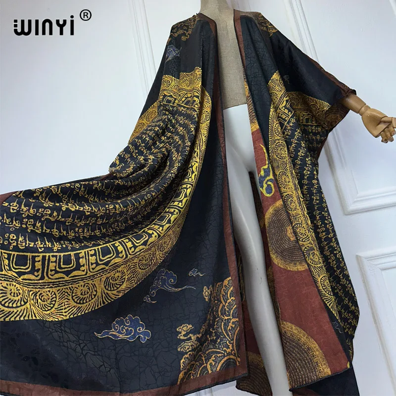 WINYI wysokiej jakości boho nadruk otwarty płaszcz odzież plażowa Cover up elegancki kaftan abaya dubaj luksusowy kardigan kimono maxi sukienka