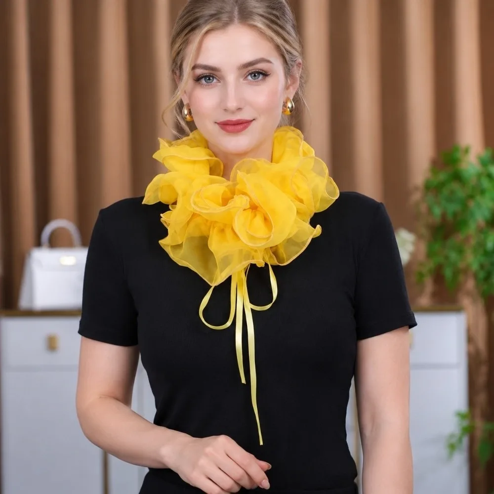 Layered Ruffled False Collar Tulle Elegant Neck Ruff Faux Collar Exquisite Three-Dimensional Flower Shape Detachable Collar