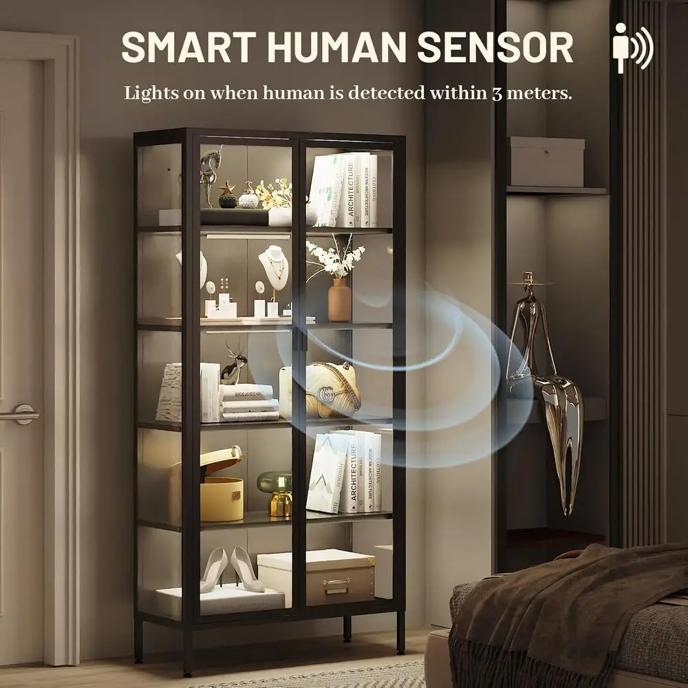 71 High Glass Display Cabinet with LED Sensor Lights, Adjustable Shelves for Living Room, Bedroom, or Kitchen view 4