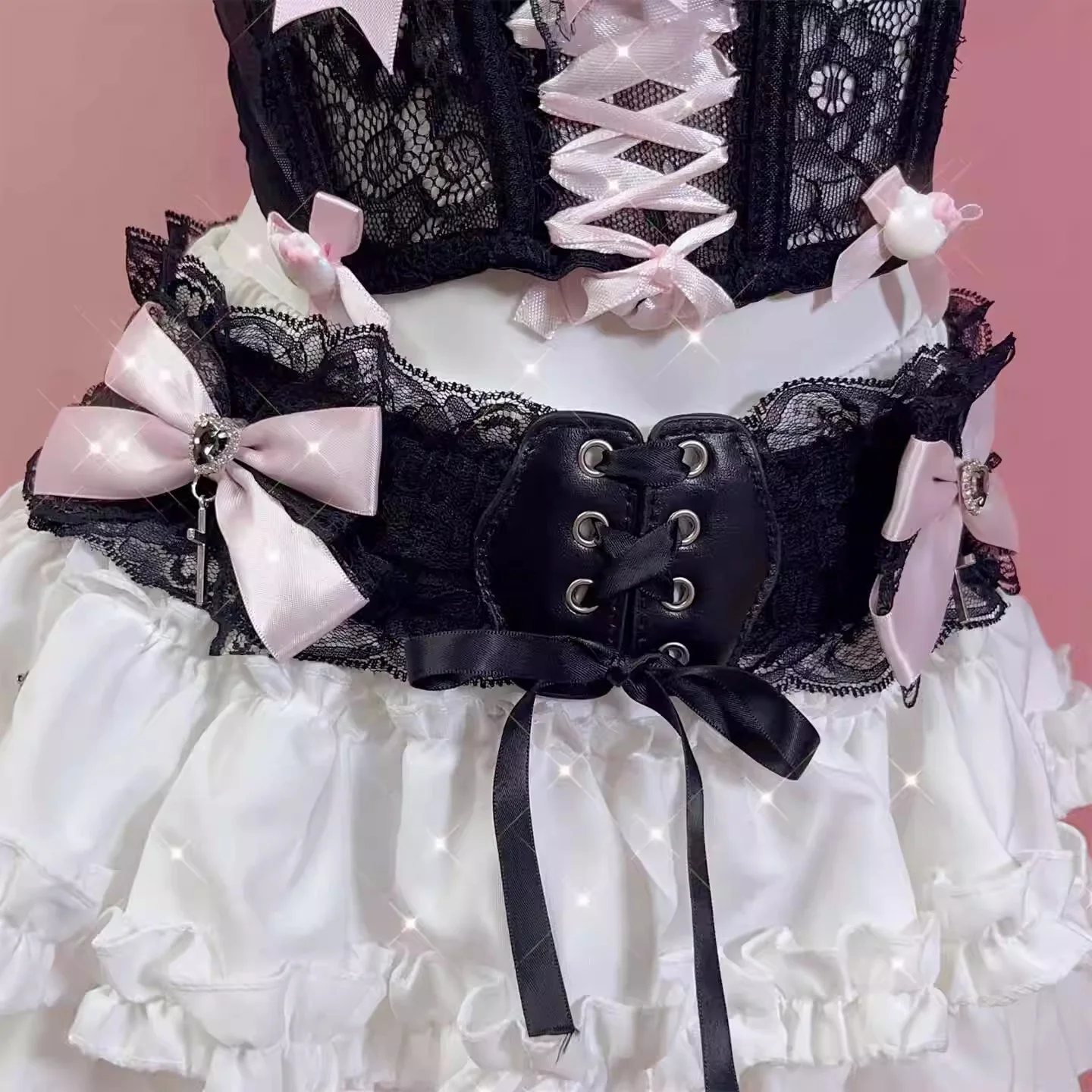 새로운 수제 Y2K 스파이스 걸 코르셋 서브 컬쳐 Bowknot 레이스 보우 벨트 로리타 하라주쿠 스위트 걸 양복 조끼 액세서리