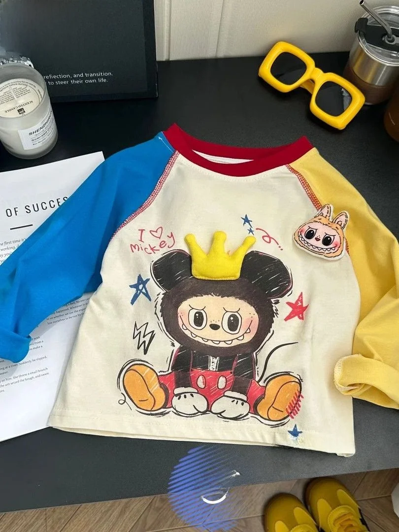 Maglietta Lunga Coreana per Ragazze con Patchwork Colorato, Base in Cotone, Novità Autunnale alla Moda per Bambini...