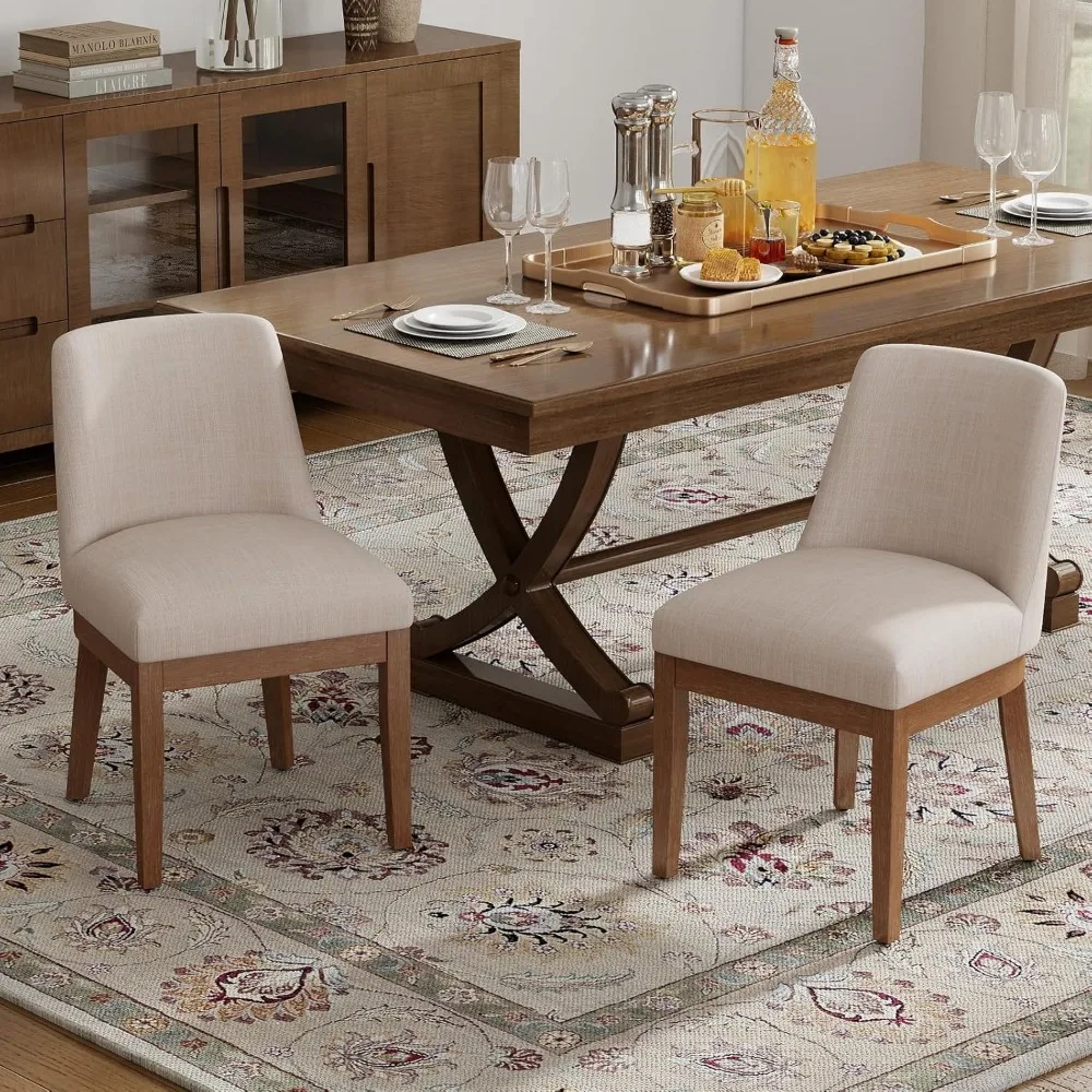 

Pair of Modern Farmhouse Style Dining Chairs with Wood Legs, Linen Upholstered Armless Kitchen Side Chairs