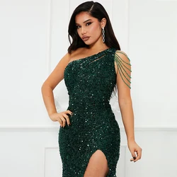 Summer New Women's Green One Shoulder Diagonal Neck Sequin Slim Fit Split Dress Long Prom Evening Dress Sexy Party Dress