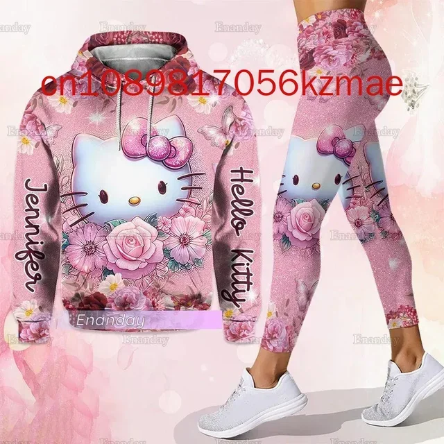 Free Custom Name Hello Kitty 3D Women\'s Hoodie and Leggings Suit Cute Hello Kitty Yoga Pants Sweatpants Fashion Sports Suit Set