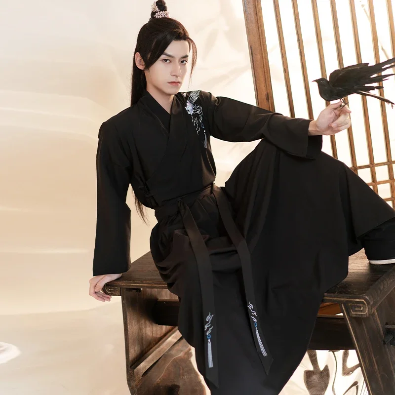 Hanfu jubah tradisional Cina untuk pria, pakaian panggung pendekar pedang gaya tradisional Tiongkok, kostum setelan Tang kuno untuk pasangan Samurai pria