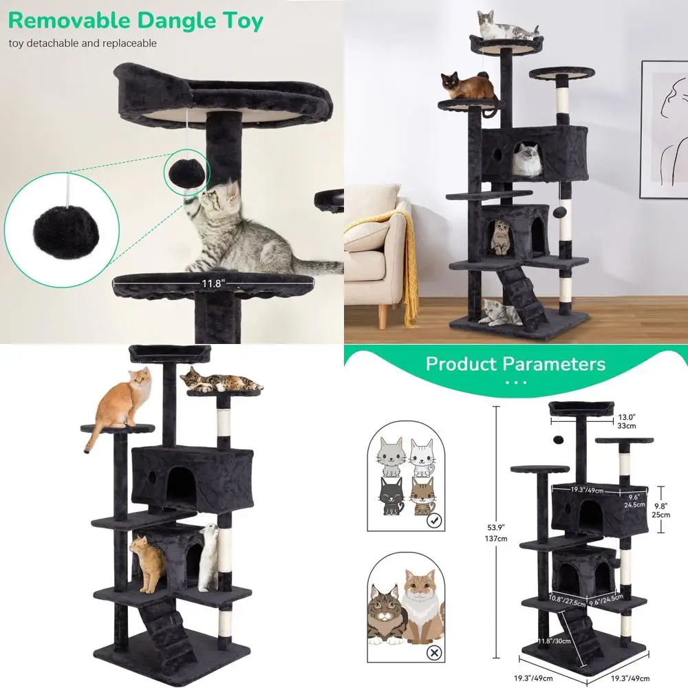 

54 Multi-Level Cat Tower with Scratching Post, Indoor Jumping Platform, and Furry Balls, Dark Gray