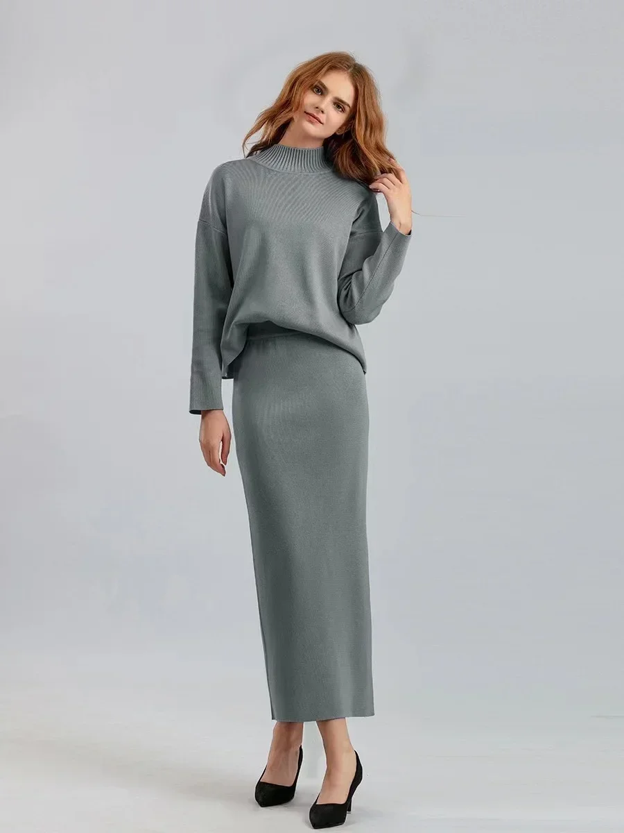 2024 Fashion Autumn Winter Sweater Two Pieces Suits Women Elegant Loose Warm Pullovers+Long Skirt Female Casual Knitted Sets New