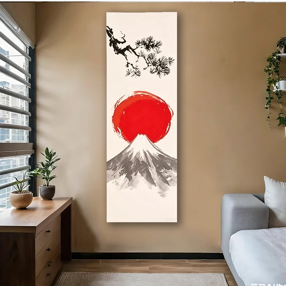 Zen Japanese Ink Painting Tapestry, Mount Fuji Red Sun Pine Wall Art, Long Vertical Tapestry for Minimalist Wabi Sabi Home Decor