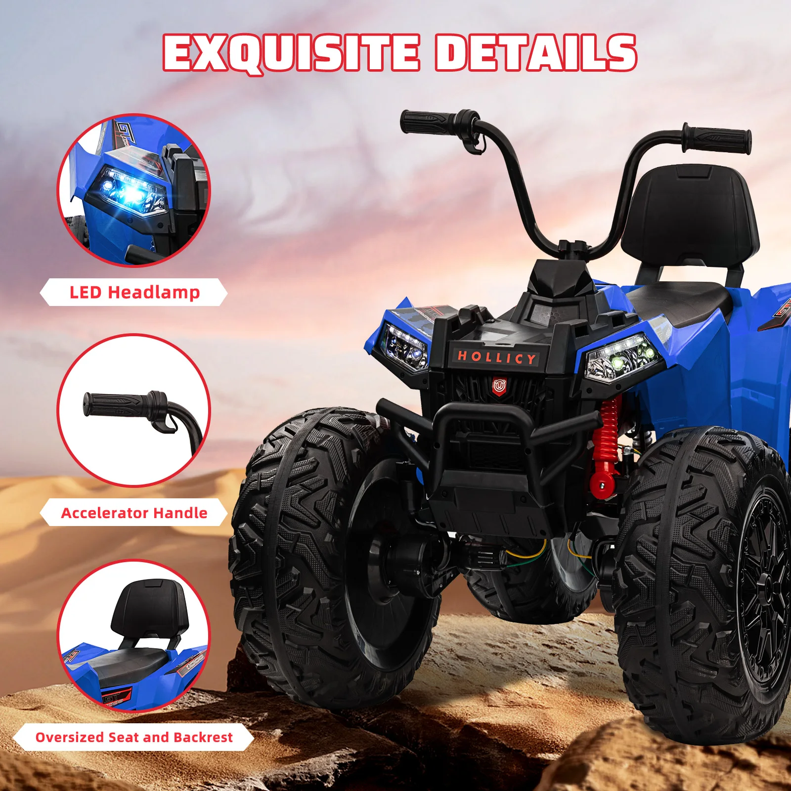 ATV de 24V para niños, vehículo eléctrico de dos plazas, Quad 4WD, motor potente de 4x100W, con batería grande 7AHx2, acelerador