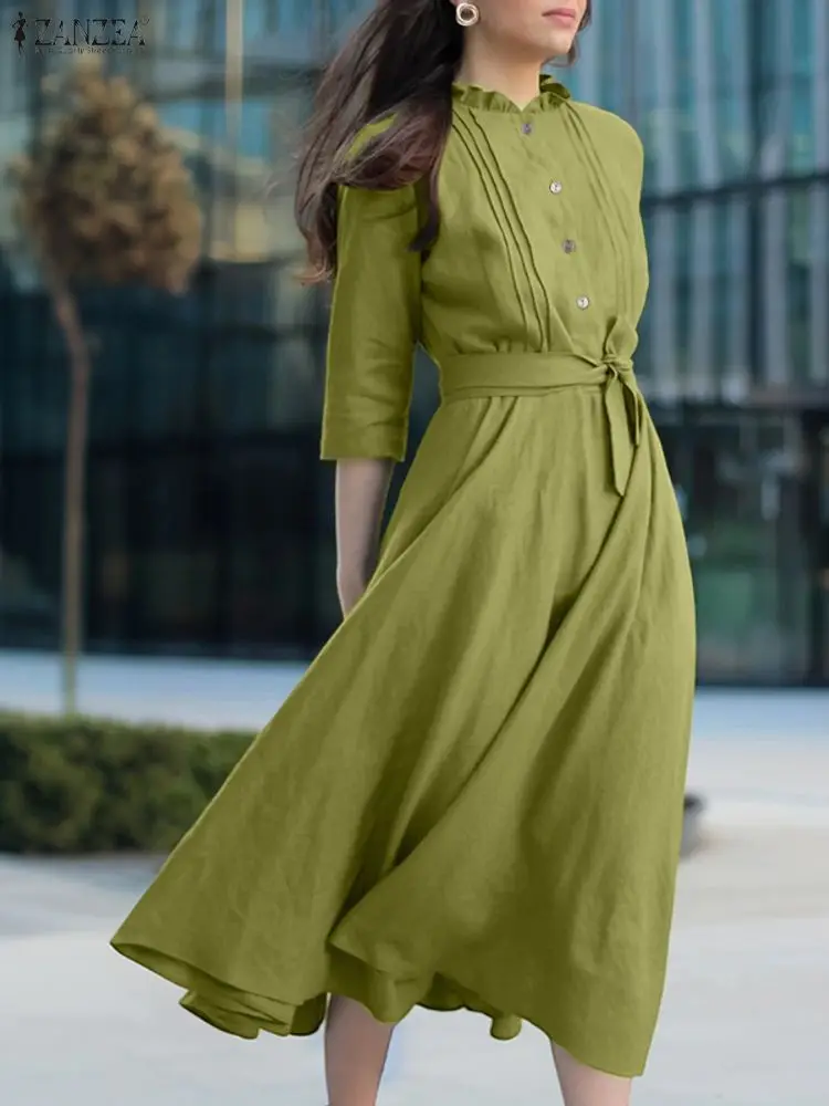ZANZEA Stylish Women Dresses 2025 Autumn Solid Dress Casual 3/4 Sleeve Buttons Up Vestido Elegant Office Work Midi Sundress Robe