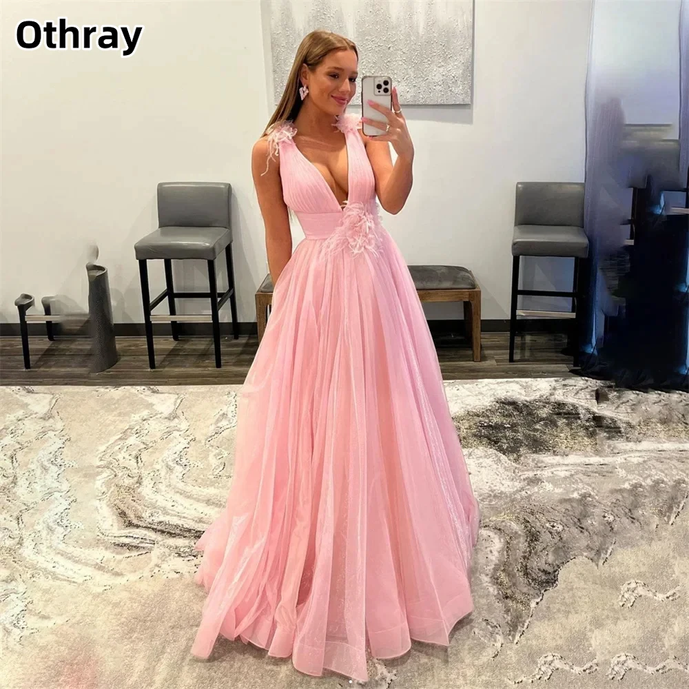 

Othray Flowers V-neck Evening Dresses Backless A-line Sleeveless Floor Length Prom Gown Formal Long Occasion Wear