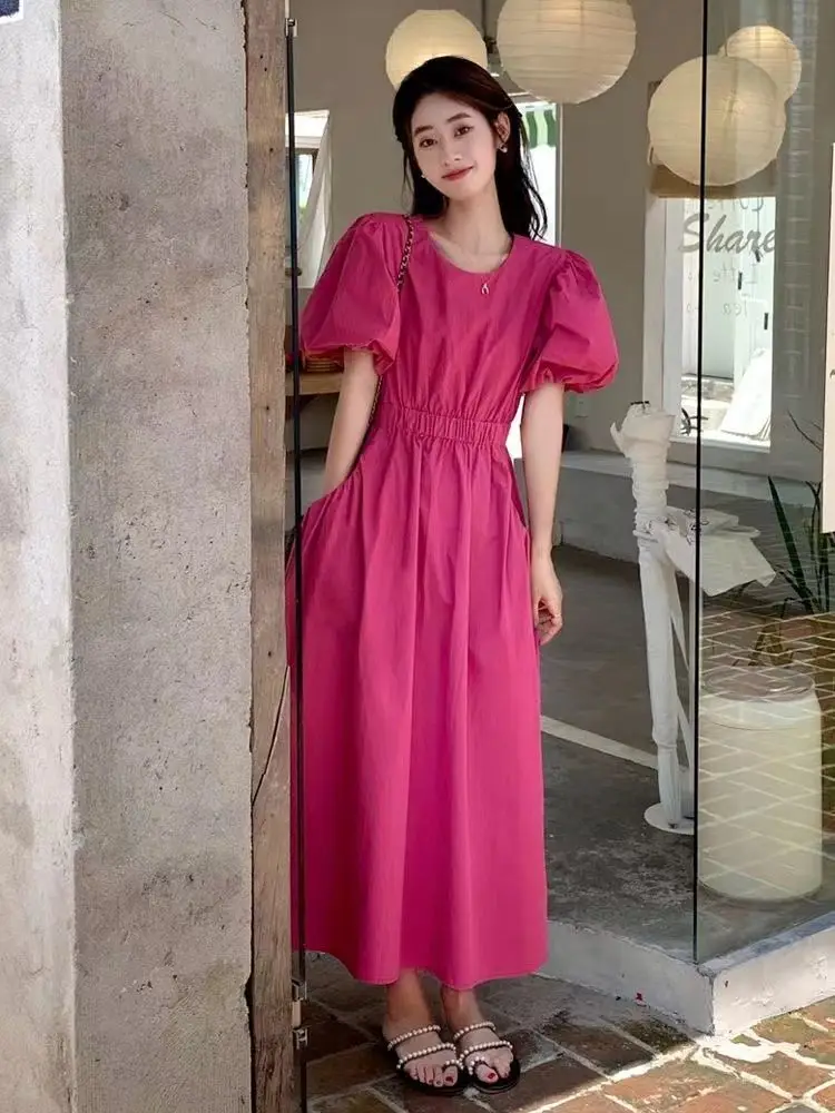 Vestito da vacanza dimagrante temperamento 2024 nuova versione coreana vestito da ragazza a maniche corte con maniche a bolle Casual alla moda