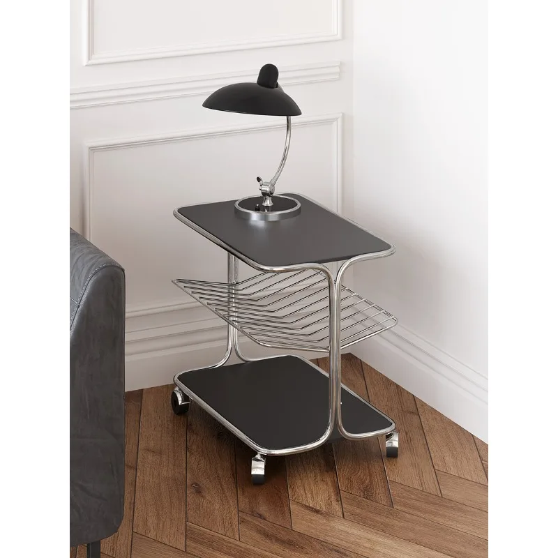 Modern solid wood sofa side table, living room mobile trolley light luxury small coffee table