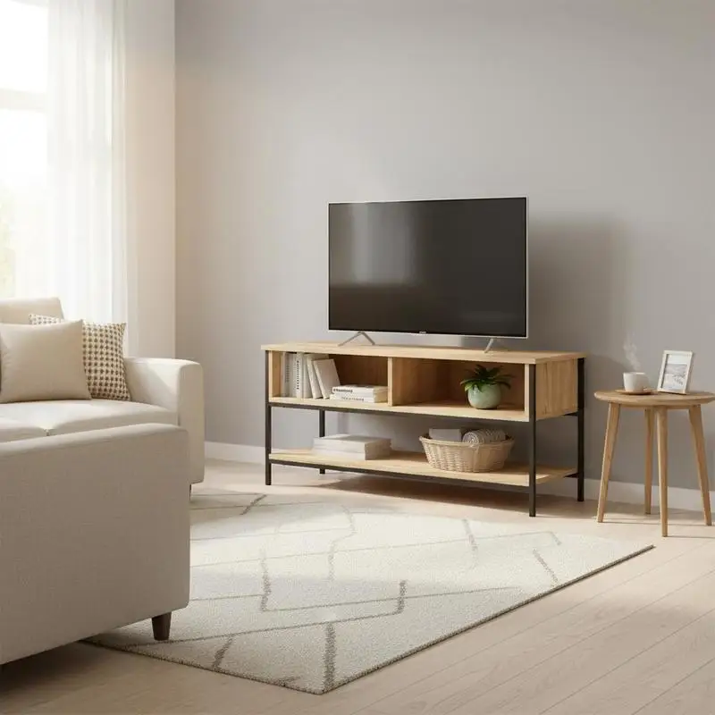 Meuble TV pour salon – Bois composite avec structure métallique, étagères ouvertes et plateau robuste pour appareils électroniques et décorations, console TV polyvalente, meuble multimédia, centre de divertissement, pour salon, appartement, bureau
