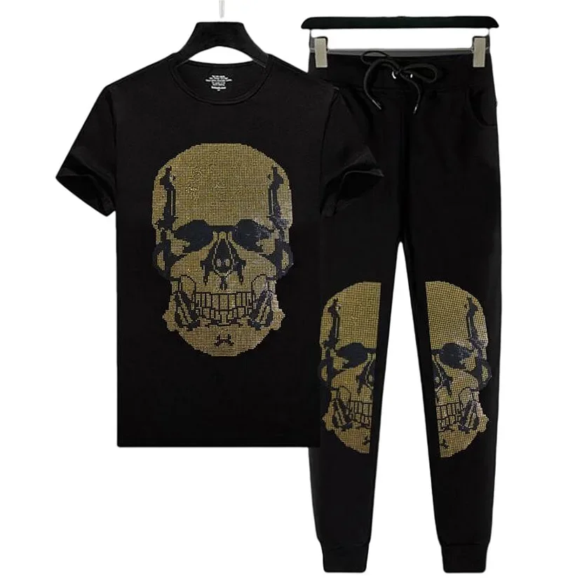 

Skulls Fashion Men's High Quality tracksuit Casual Rhinestones Summer Slim Short Sleeve tshirt and pant set