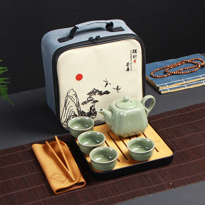 

Ceramic Outdoor Travel Tea Set Chinese Geyao Ruyao Beam Teapot Brewing Kung Fu Tea Set Porcelain Gentlemen Tray Cups Teaware New