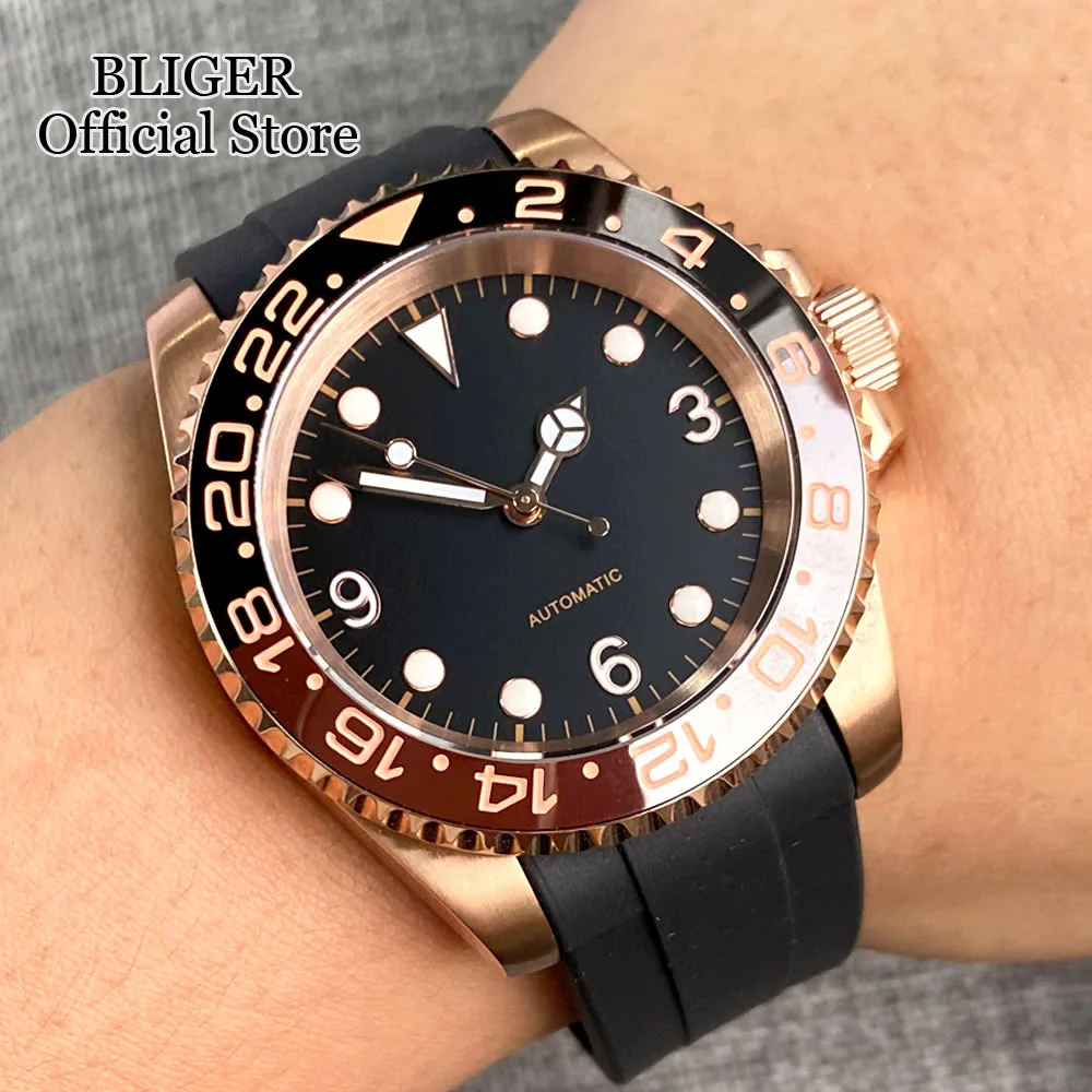 

BLIGER 40mm NH35 PT5000 Miyota Automatic Mens Watch Sapphire Glass Luminous Black Dial Curved End Rubber Band Rose Gold