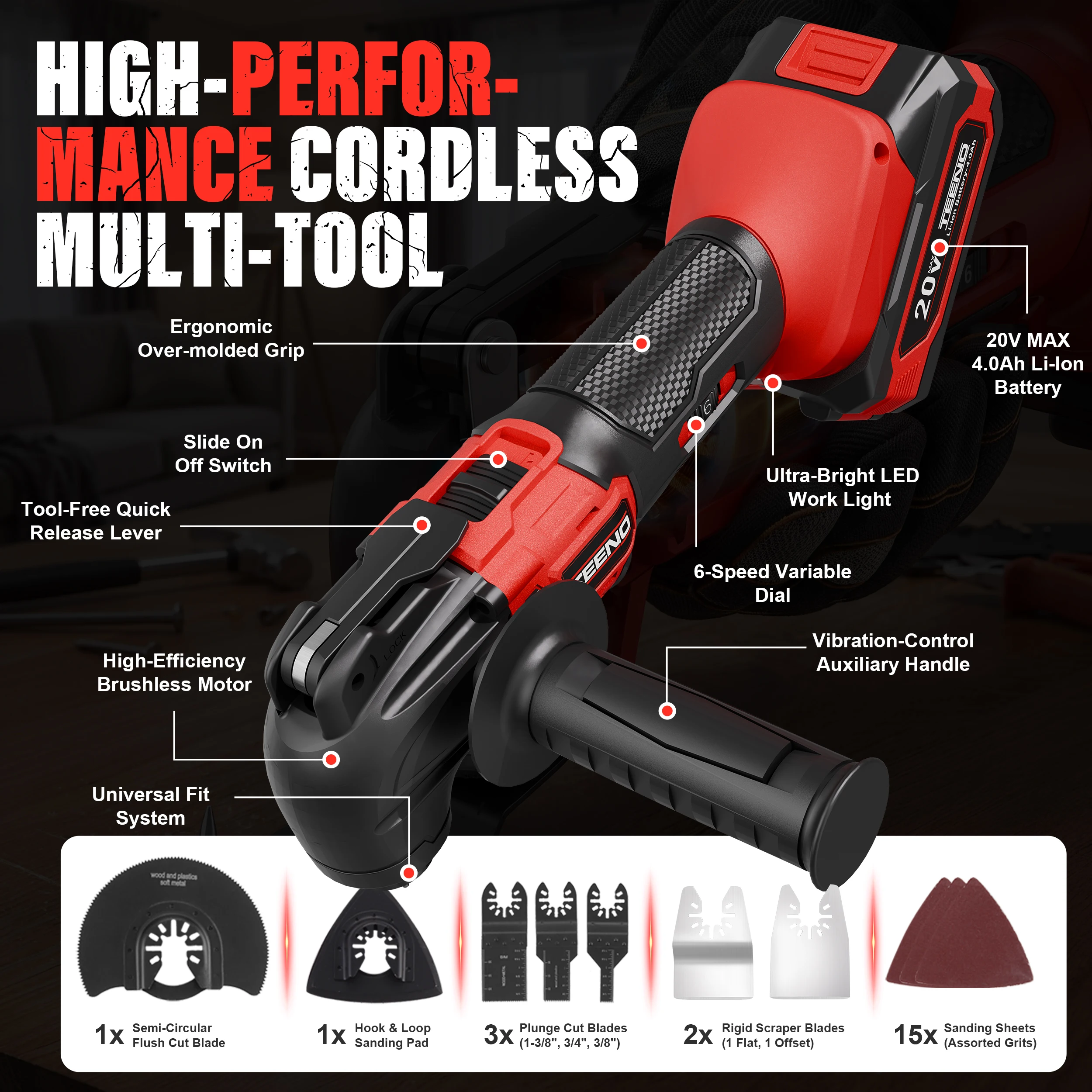 Cordless Oscillating Tool 20V Battery Powered Oscillating Multitool with 4° Oscillation Angle, 2 * 4.0A Batteries, 8,500-21,000 OPM, 6 Variable Speed Oscillating Saw for Sanding/Cutting & Scraping