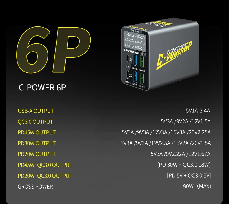 MECHANIC C-Power 6-poorts USB-snellader, multi-poort oplaadstation met digitaal display, desktoplader voor mobiele telefoons en tablets