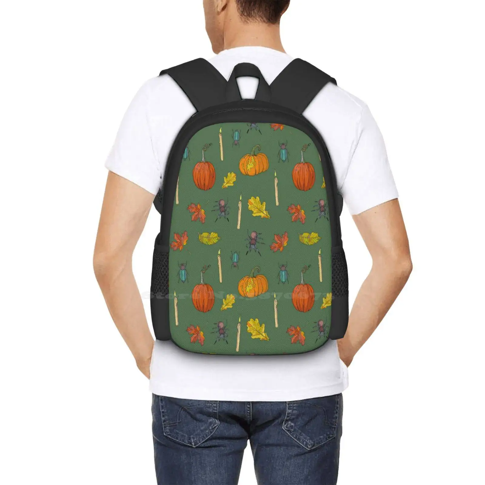 Bolsas escolares de viaje para ordenador portátil, diseño de patrón de Halloween, Otoño, Otoño, cosecha de otoño, patrón sin costuras, verde y naranja