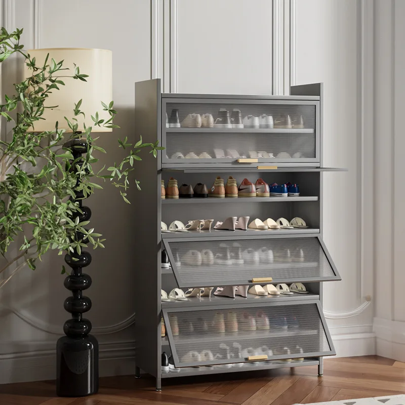 Steel shoe cabinet at the entrance of the household, multi-layer shoe rack, integrated against the wall, large-capacity storage