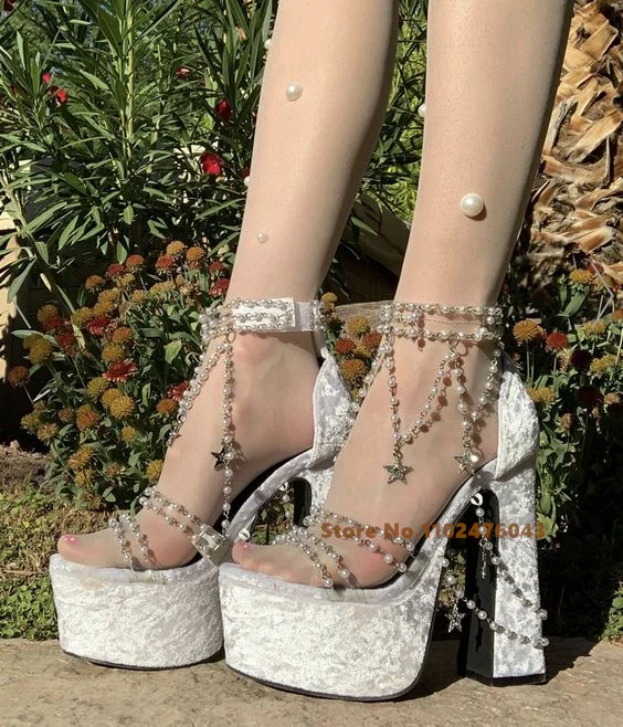 Pink Luxury Velvet Chunky High Heel Sandals Pearl Jewerly Chain Beaded Platform Dress Shoes Stars Heart Fringe Ladies Pumps