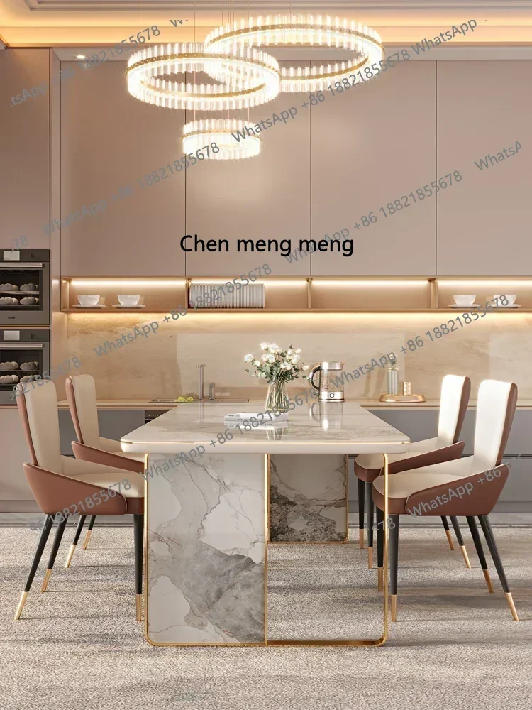 D182Light luxury dining table, rectangular shiny rock plate dining table, stainless steel metal art dining table and chair