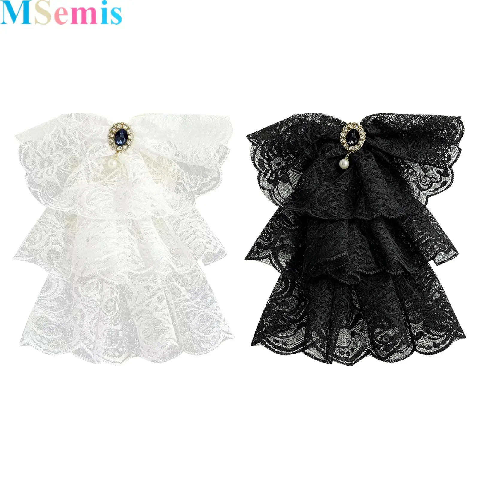 

Womens Victorian Vintage Lace Collar with Gem Decor Multi-layer Lace Ruffles Fake Collar Detachable Necktie for Cosplay
